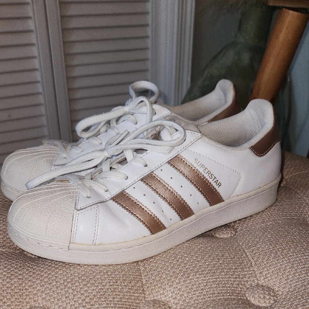 Adidas Superstar White and Rose Gold Sneakers